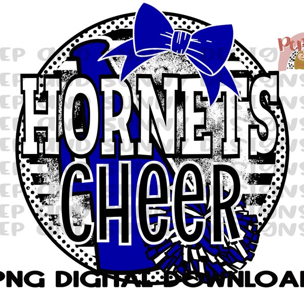 Hornets Cheer Royal Blue and Black | Cheer Team Design | Dance Team Design | Megaphone | Bow | PNG Digital Download | Sublimation Design