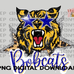 Bobcats | Glitter luipaard sterrenogen koningsblauw geel goud | Verontrust | T-shirt met geest | Digitale png-download | Sublimatieontwerp