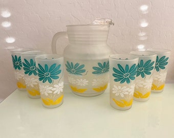 1950’s Frosted Glass Ice Tea Lemonade Glass Set Of 6 Yellow Daffodils & Drink Pitcher