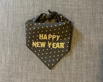 Happy New Year Dog Bandana, Tie on Dog Bandana, New Year's Eve, Gold Glitter Dog Bandana