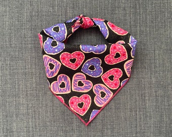 Valentine's Day Dog Bandana, Tie on Dog Bandana, Pink Hearts, Donut Dog Bandana, Purple Heart Bandana