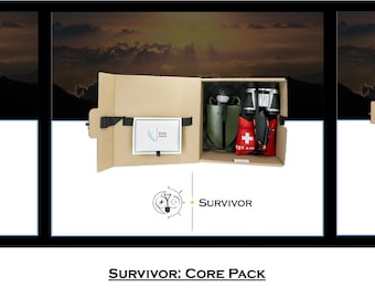 May include: Three open cardboard boxes with different survival kits inside. The boxes are labeled "SURVIVOR: GO-PACK", "SURVIVOR: CORE PACK", and "SURVIVOR: PLUS+ PACK".