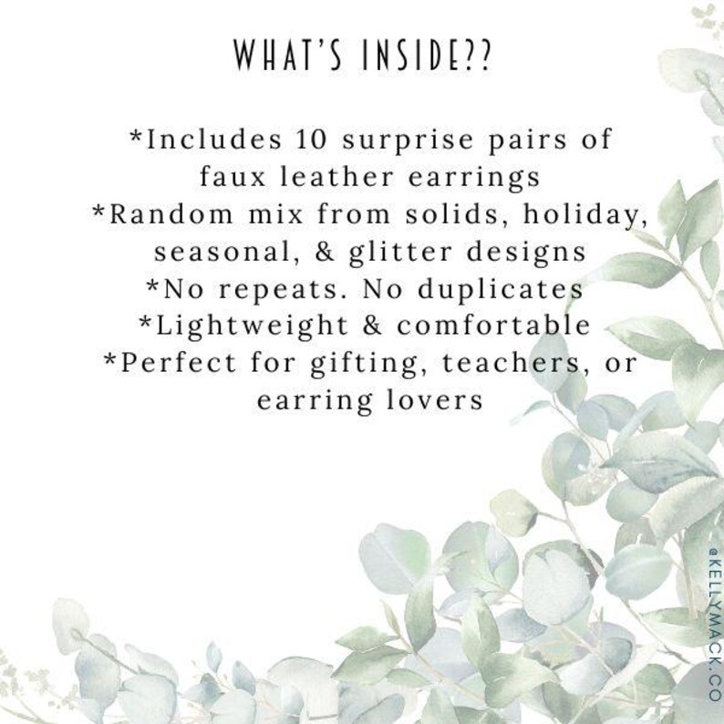 K&ouml;nnte beinhalten: Wei&szlig;er Hintergrund mit dem Text &bdquo;WHAT'S INSIDE??&ldquo; und Aufz&auml;hlungspunkten, die den Inhalt beschreiben: 10 Paar Kunstleder-Ohrringe, eine zuf&auml;llige Mischung aus Designs, keine Wiederholungen, leicht und bequem. Dekorative gr&uuml;ne Bl&auml;tter befinden sich im Hintergrund.