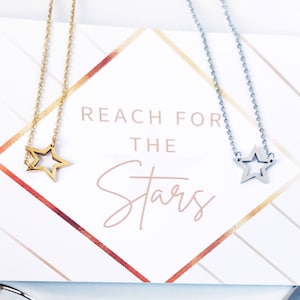 Silver Gold Star Necklace Stainless Steel Gift Idea for Girls High School Graduation Seniors College Keepsake Notecard Reach for the Stars