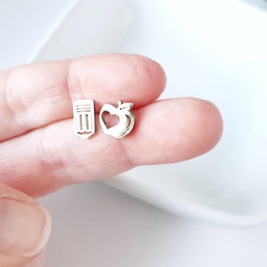 School Teacher Stainless Steel Post Earrings -- Apples Heart and Pencils