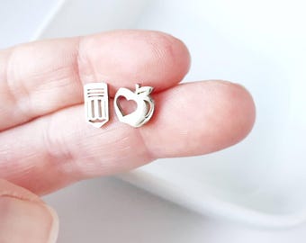 Teacher Earrings – Stainless Steel Apple Heart and Pencil Post Jewelry