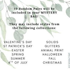K&ouml;nnte beinhalten: Ein Bild mit Text, der besagt: "10 zuf&auml;llige Paare werden in Ihrer MYSTERY BAG enthalten sein!" und Sammlungen wie Valentinstag, Halloween und Weihnachten auflistet. Gr&uuml;ne Bl&auml;tter und Zweige sind im Hintergrund.