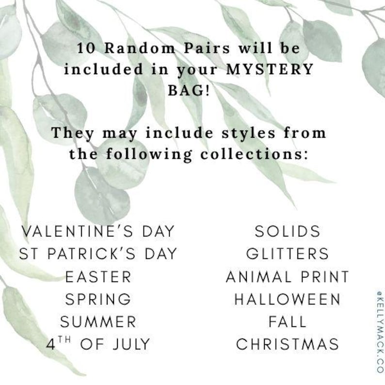 K&ouml;nnte beinhalten: Ein Bild mit Text, der besagt: "10 zuf&auml;llige Paare werden in Ihrer MYSTERY BAG enthalten sein!" und Sammlungen wie Valentinstag, Halloween und Weihnachten auflistet. Gr&uuml;ne Bl&auml;tter und Zweige sind im Hintergrund.