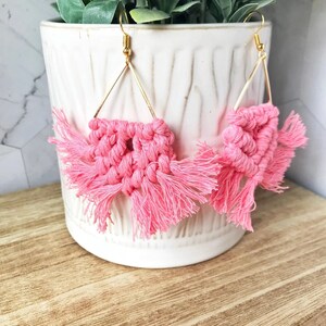 Beautiful Gold Framed Perfect Pink Macrame Weave Earrings | Fringe Statement Earrings | Boho Style |