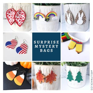 K&ouml;nnte beinhalten: Eine Sammlung verschiedener Ohrringe, darunter Designs mit roten Lippen, Regenbogen, Hasen, amerikanischer Flagge, Bleistiften, Zuckermais, Herbstbl&auml;ttern und Weihnachtsb&auml;umen. Der Text "SURPRISE MYSTERY BAGS" ist auf blauem Hintergrund.