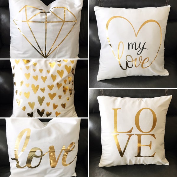 Hearts Love Accent Pillow Cover Anniversary Valentines Gold Stencil White Suede Wedding Home Decor Square Throw 17x17  My Love No Inserts