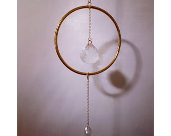 AURA + GOLD MOBILE (iv) - Aura Glass Prism - Prism Mobile - Opalescent Czech Glass Accent - Rainbow Plated Glass