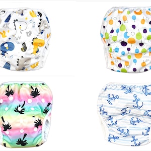 May include: Four different swim diapers with various colorful patterns. The patterns include dinosaurs, fruits, palm trees, and anchors.