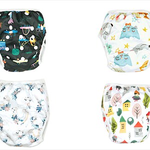 May include: Four different reusable swim diapers with colorful patterns. The diapers feature a variety of designs, including cars, animals, and flowers.