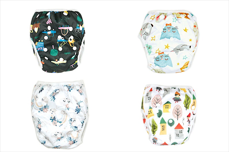 May include: Four different reusable swim diapers with colorful patterns. The diapers feature a variety of designs, including cars, animals, and flowers.