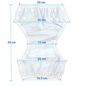 May include: White swim diaper with measurements in centimeters: 35 cm, 20 cm, 25 cm, 13 cm, 22 cm, and 16.5 cm.
