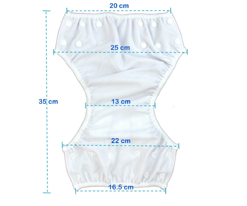 May include: White swim diaper with measurements in centimeters: 35 cm, 20 cm, 25 cm, 13 cm, 22 cm, and 16.5 cm.