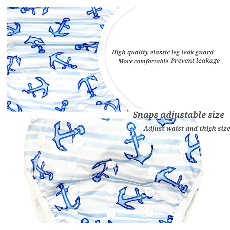 May include: A white and blue swim diaper with an anchor print. The diaper has adjustable snaps for a custom fit and elastic leg cuffs to prevent leaks.