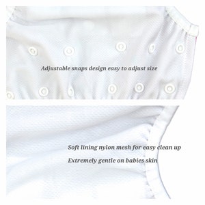 May include: White swim diaper with adjustable snap closures and a soft nylon mesh lining. The text "Adjustable snaps design easy to adjust size" and "Soft lining nylon mesh for easy clean up Extremely gentle on babies skin" is printed on the diaper.