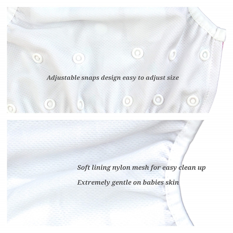 May include: White swim diaper with adjustable snap closures and a soft nylon mesh lining. The text "Adjustable snaps design easy to adjust size" and "Soft lining nylon mesh for easy clean up Extremely gentle on babies skin" is printed on the diaper.