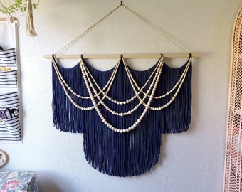 The Hazel in Navy- Large Blue Macrame Wall Hanging- Boho Wall Decor- Wood Bead Macrame- Farmhouse Decor- Bohemian Decor- Statement Piece