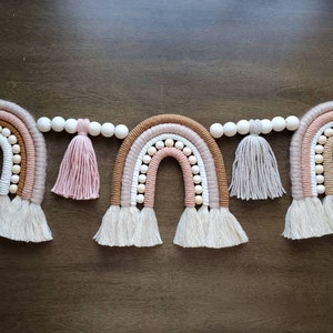 Chunky Boho Rainbow Garland Macrame Rainbow Tassel and Wood Bead Garland Nursery Decor Earth Tone Pregnancy Announcement birthday decor image 9