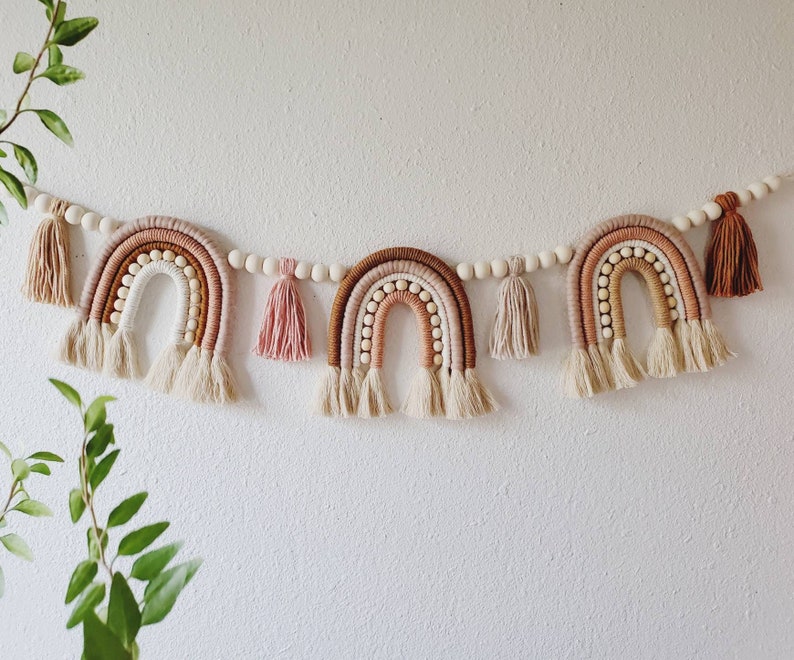 Chunky Boho Rainbow Garland Macrame Rainbow Tassel and Wood Bead Garland Nursery Decor Earth Tone Pregnancy Announcement birthday decor image 1