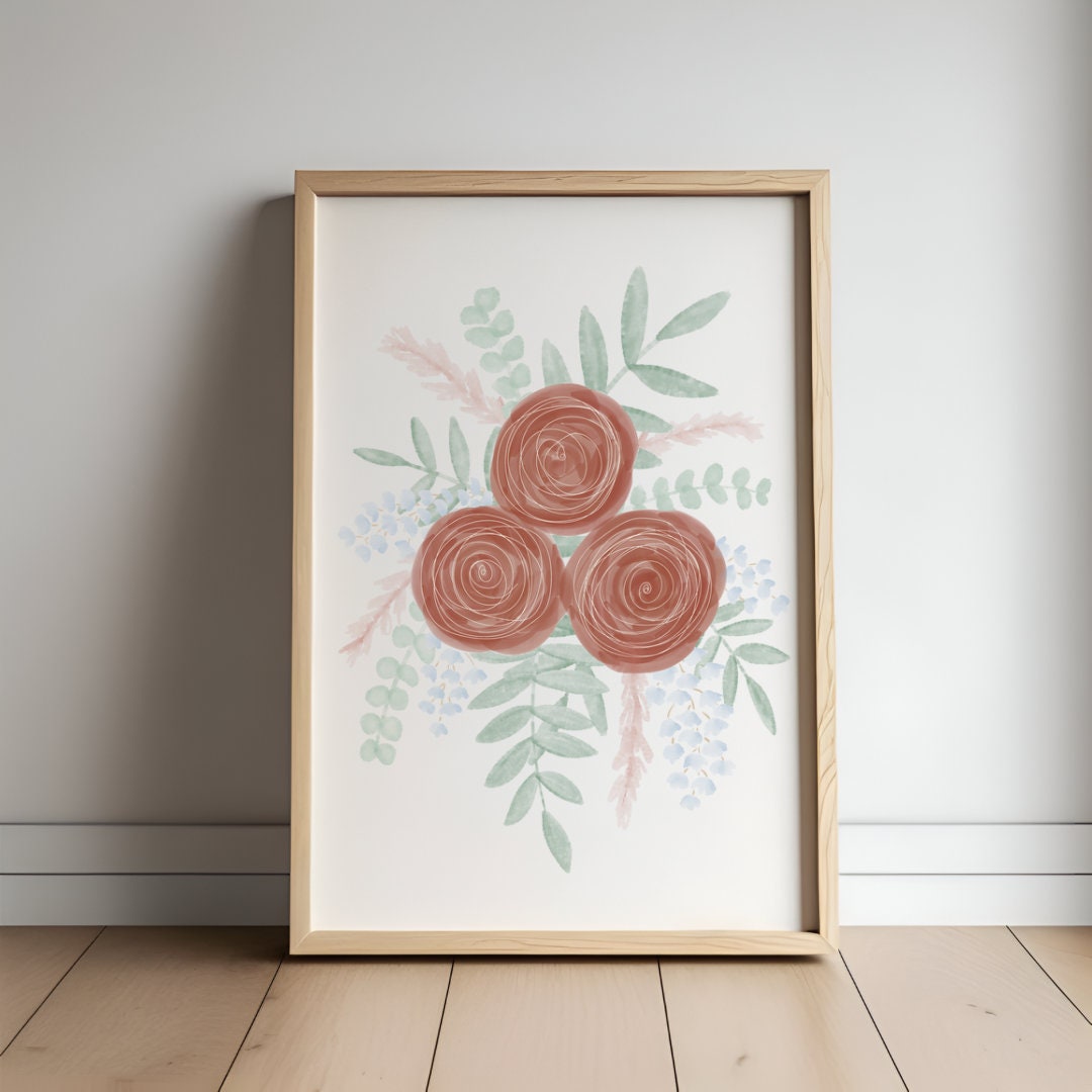 Rose Bouquet Watercolor Art Print Red Rose Wall Art Print Large Floral ...