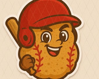 Puede incluir: Una pelota de béisbol de dibujos animados con una gorra de béisbol roja y un bate marrón. La pelota de béisbol tiene una cara sonriente y un patrón de béisbol cosido.