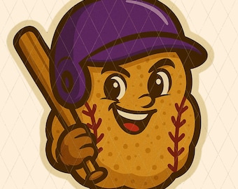 Puede incluir: Un personaje de béisbol de dibujos animados con una cara sonriente, que lleva un casco morado y sostiene un bate de madera. El personaje es marrón con detalles de costura rojos, sobre un fondo crema con un patrón de diamantes.