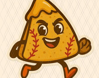 Puede incluir: Ilustración de dibujos animados de un personaje con temática de béisbol. El personaje tiene forma triangular con una cara sonriente, costuras de béisbol y piernas corriendo. El personaje está coloreado en tonos de marrón, beige y naranja.