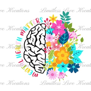 Puede incluir: Un diseño gráfico colorido que presenta un cerebro con el texto "Mental Health Matters" envuelto a su alrededor. El cerebro está medio lleno de flores y hojas coloridas.