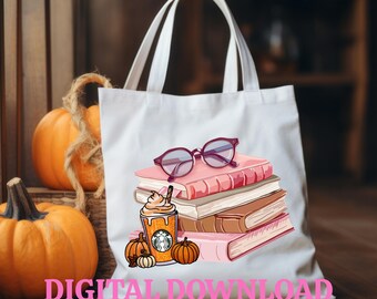 Diseño de sublimación de café con leche y especias de calabaza: Café de otoño PNG, JPEG, PDF (descarga digital), Libros y especias de calabaza PNG, Libros de otoño PNG