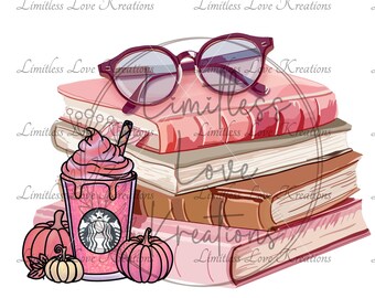 Alles geboekt voor herfst: png-boeken en koffiesublimatie-schattig boekliefhebber png-herfstboeklezer afdrukken en knippen-Thanksgiving png-boekliefhebber png