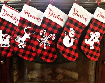 Personalized Christmas Stockings-Family Christmas Stockings-Holiday Stockings-Red plaid stockings-Stocking with name-Stocking with design