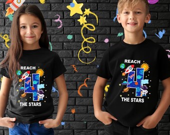 Reichweite vier die Sterne Shirt-Reach vier die Sterne Geburtstag Shirt-Space Geburtstag Thema Shirt-4.Geburtstags-Party-Ideen-vierter Geburtstag Shirt