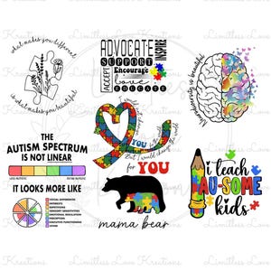 May include: A collection of digital designs with themes related to autism awareness. The designs include puzzle pieces, a brain illustration, and text such as "Advocate", "Support", and "I teach AU-SOME kids". The color palette includes primary colors.