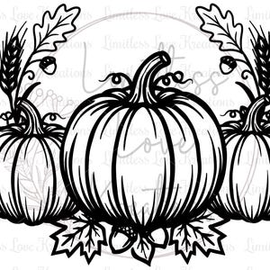 May include: A black and white line art illustration featuring three pumpkins arranged in a row. The pumpkins are surrounded by decorative oak leaves, wheat stalks, and small acorns. The design is centered and features clean, bold outlines.