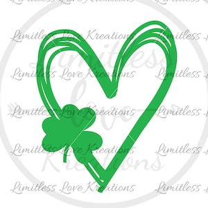 May include: A green shamrock design in the shape of a heart. The shamrock is a symbol of good luck and is often associated with St. Patrick's Day.