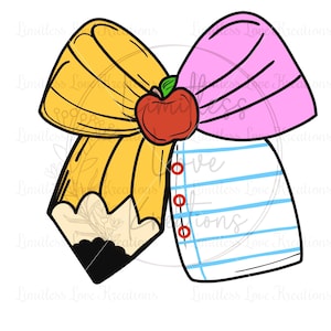 Pode incluir: Ilustração de um laço com tema escolar. O laço é composto por um lápis amarelo, um laço rosa e um bloco de notas. Uma maçã vermelha está no centro. O texto "Limitless Love Kreations" é repetido ao redor da imagem.