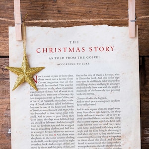 La historia de Navidad, tipografía clásica de libros, versículos bíblicos, descarga, arte mural imprimible, decoración del hogar, póster, página de libro, Lucas
