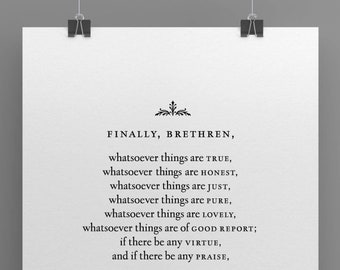 Christian Wall Art -- Bible verse print download, Philippians 4:8, classic fonts book typography, home decor, poster, book page, Goudy font