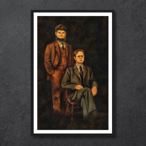 May include: A painting of two men in suits. The man on the left is wearing a brown suit with a vest and a beard. The man on the right is wearing a gray suit and is sitting on a chair. The background is dark.
