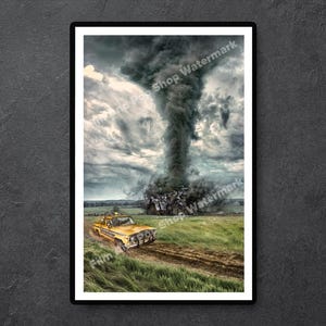 May include: A dramatic print depicts a massive tornado descending upon a rural landscape. A yellow truck speeds down a dirt road, with a dark, ominous sky overhead. The scene is framed in a black border.