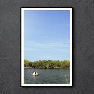May include: A yellow and blue buoy floating in a calm lake with a green tree line in the background and a blue sky with white clouds.