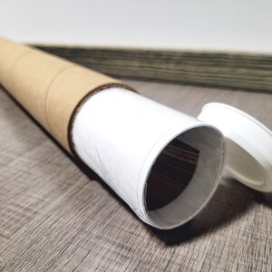 K&ouml;nnte beinhalten: Eine braune Pappr&ouml;hre mit einer wei&szlig;en Papierauskleidung und einem wei&szlig;en Plastikdeckel. Die R&ouml;hre ist teilweise ge&ouml;ffnet und zeigt die wei&szlig;e Papierauskleidung.