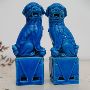 Vintage Chinese Blue Glazed Foo Dogs | Ceramic Turquoise Lion Dog Figurine 1960s