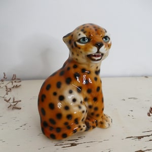Vintage Italian Ceramic Leopard Figurine | Mid Century Spotted Big Cat Statue | Hand Painted Italian Pottery | Hollywood Regency Animal