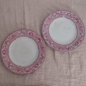 2 x Antika Hope & Carter engelska ökentallrikar | Staffordshire England Röd Transferware