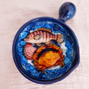 Vintage Vallauris Style Majolica Seafood Bowl, Fish Crab & Shell Relief Ceramic Dish, French Coastal Pottery, Nautical Kitchen Decor